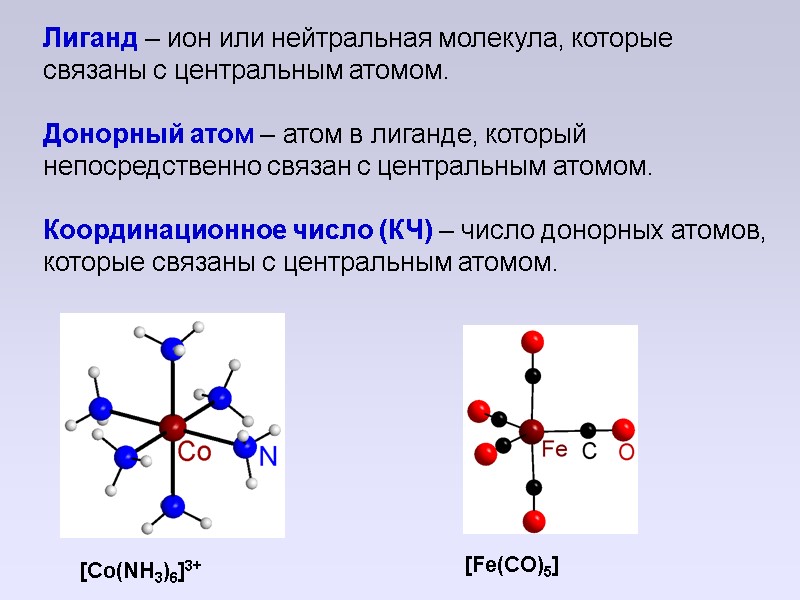 Лиганд – ион или нейтральная молекула, которые связаны с центральным атомом.  Донорный атом